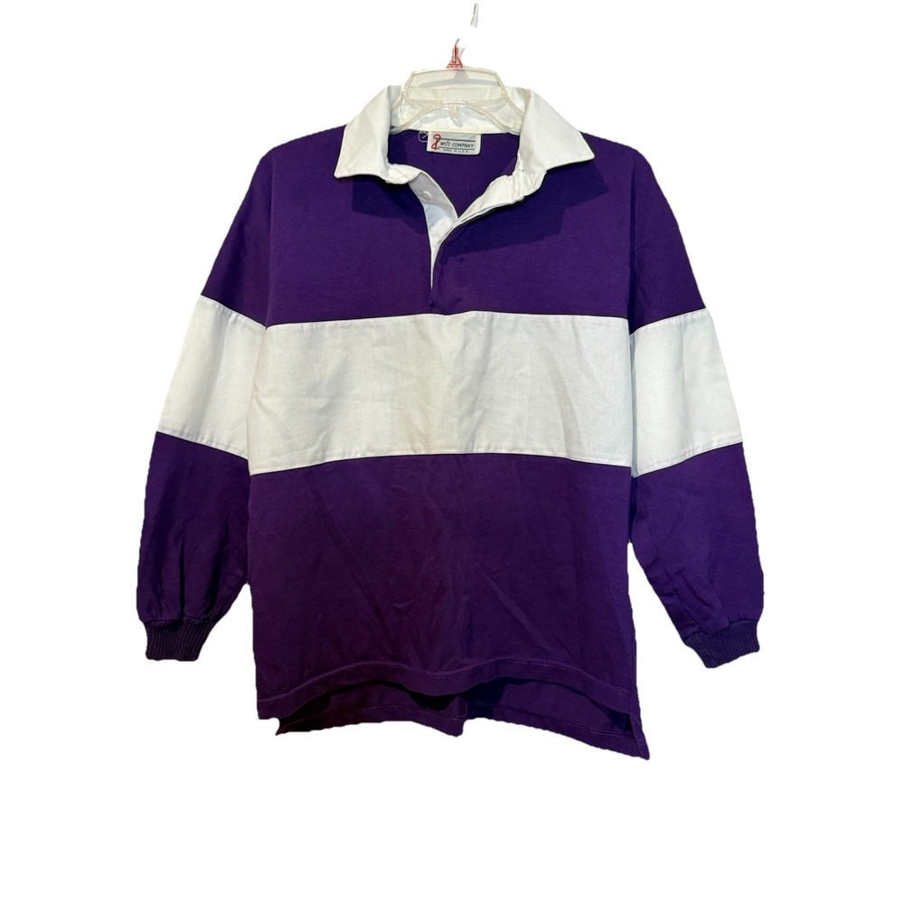Vintage 90s Women's MED Purple White Cotton Rugby Striped Top Shirt Varsity